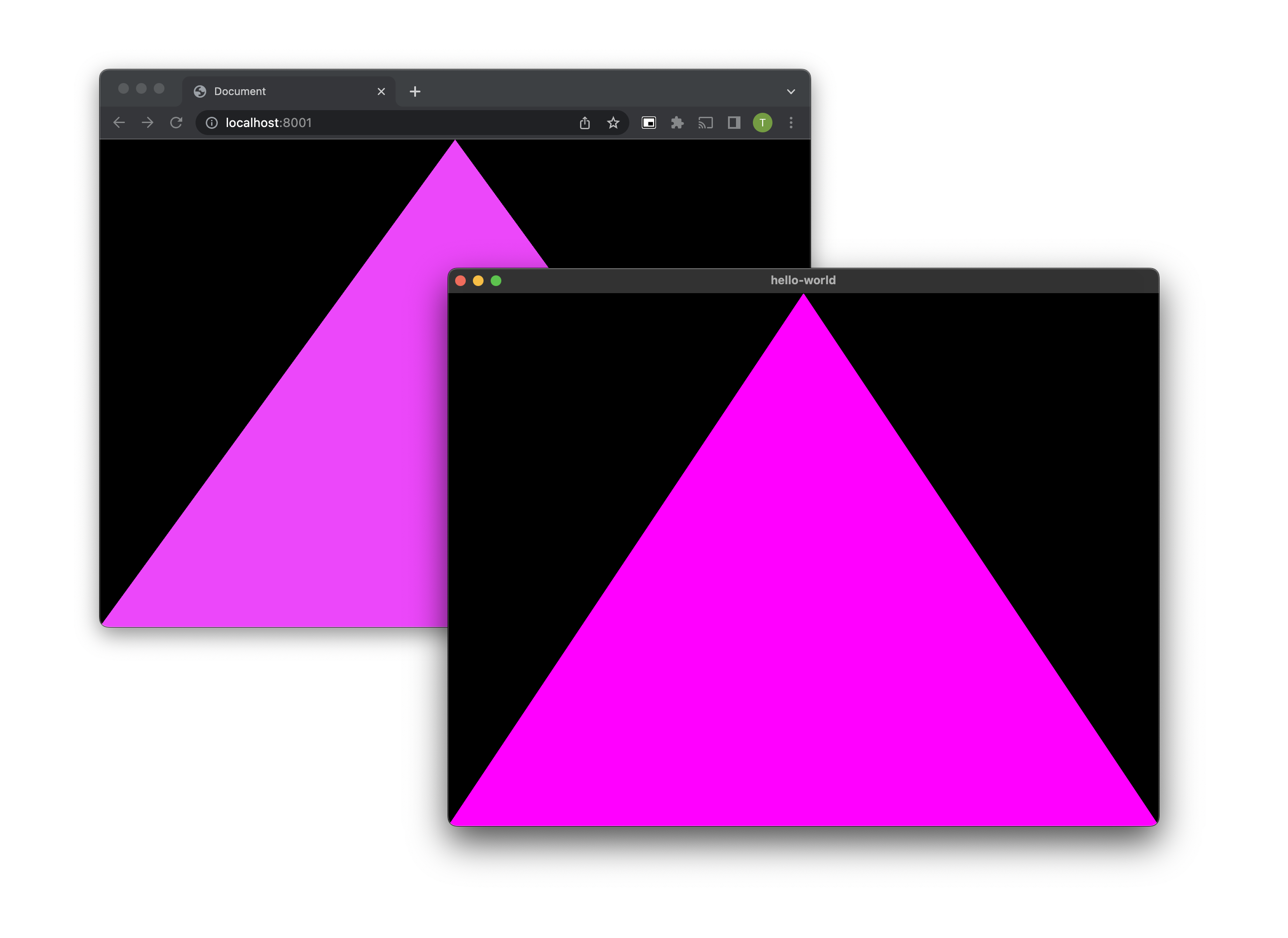 Browser and native window side by side, showing the same pink triangle.