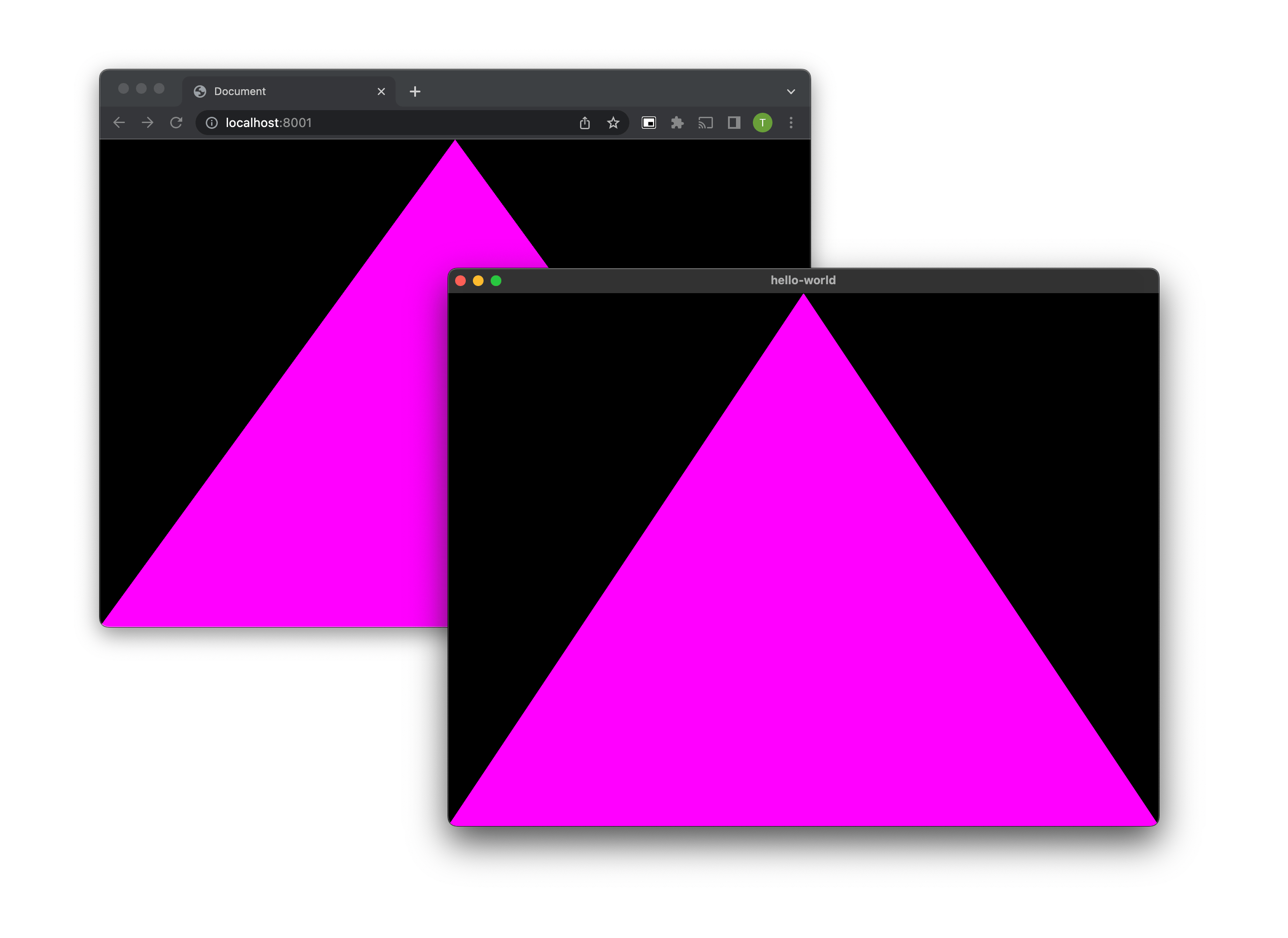 Browser and native window side by side, showing the same pink triangle.